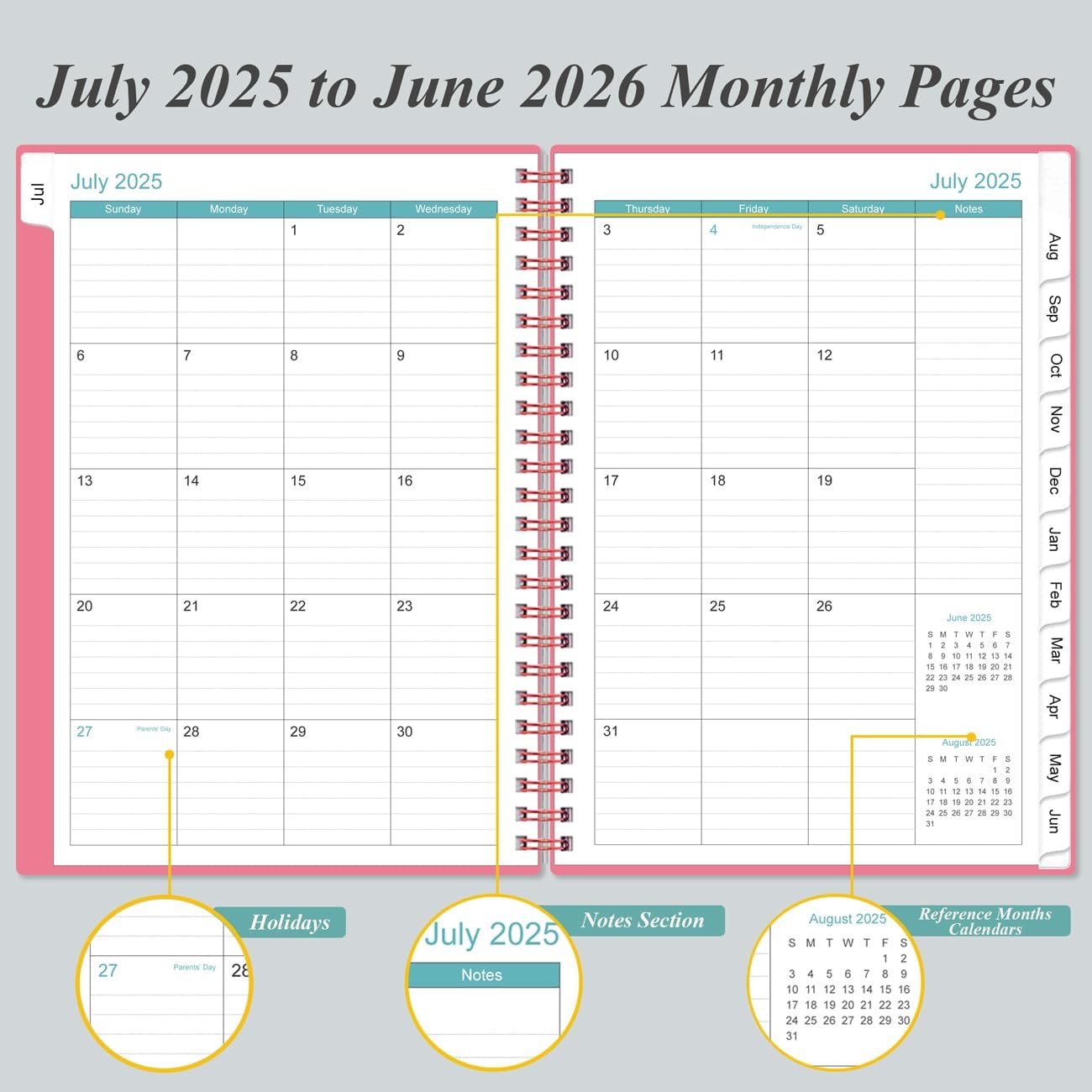 2026 Daily & Monthly Planner - One Page Per Day, Daily Planner 2026 from January 2026 to Deccember 2026, Planner 2026 with 12 Monthly Tabs, 6.4" x 8.5", Pink