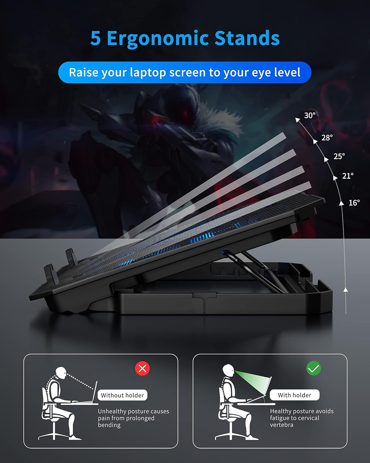 AICHESON Laptop Cooling Pad for 12-15.6 Inch, 6 Cooler Fans with Blue Lights, Laptop Cooling Stand with 2 USB Ports (Blue)