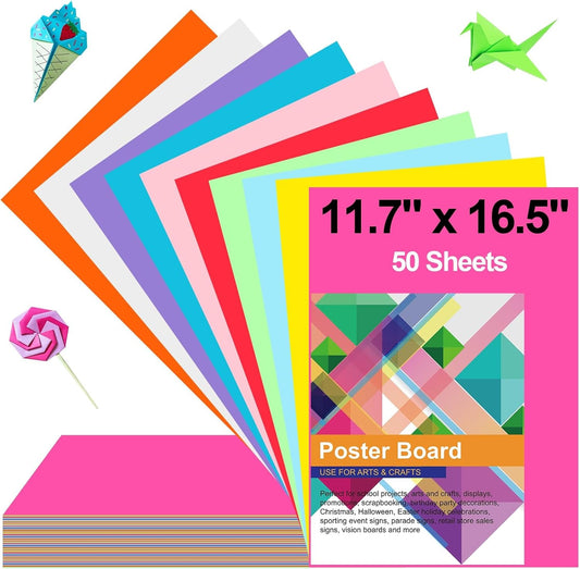 50 Pcs Poster Board Colorful Paper 11.7x16.5, ROOKEA Vision Boards Bulk Blank Graphic Display Posterboard Card Paper for Kids School Classroom Arts Craft Projects Drawing Scrapbooking
