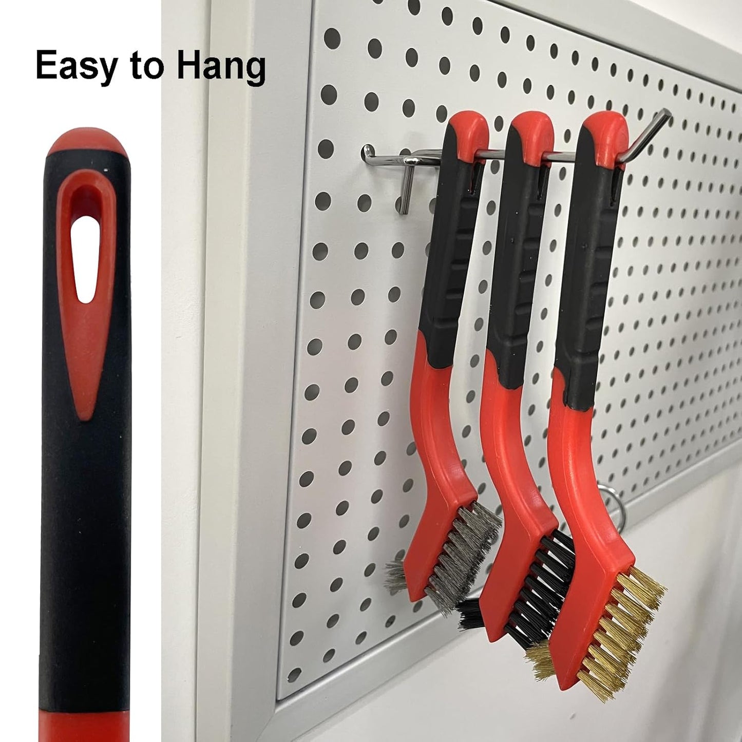 6Pcs Mini Wire Brush Set, Stainless Steel/Brass/Nylon Bristles Wire Brushes, Curved Handle Soft Grip for Rust, Dirt & Paint Scrubbing with Deep Cleaning – 7 Inches (Red)