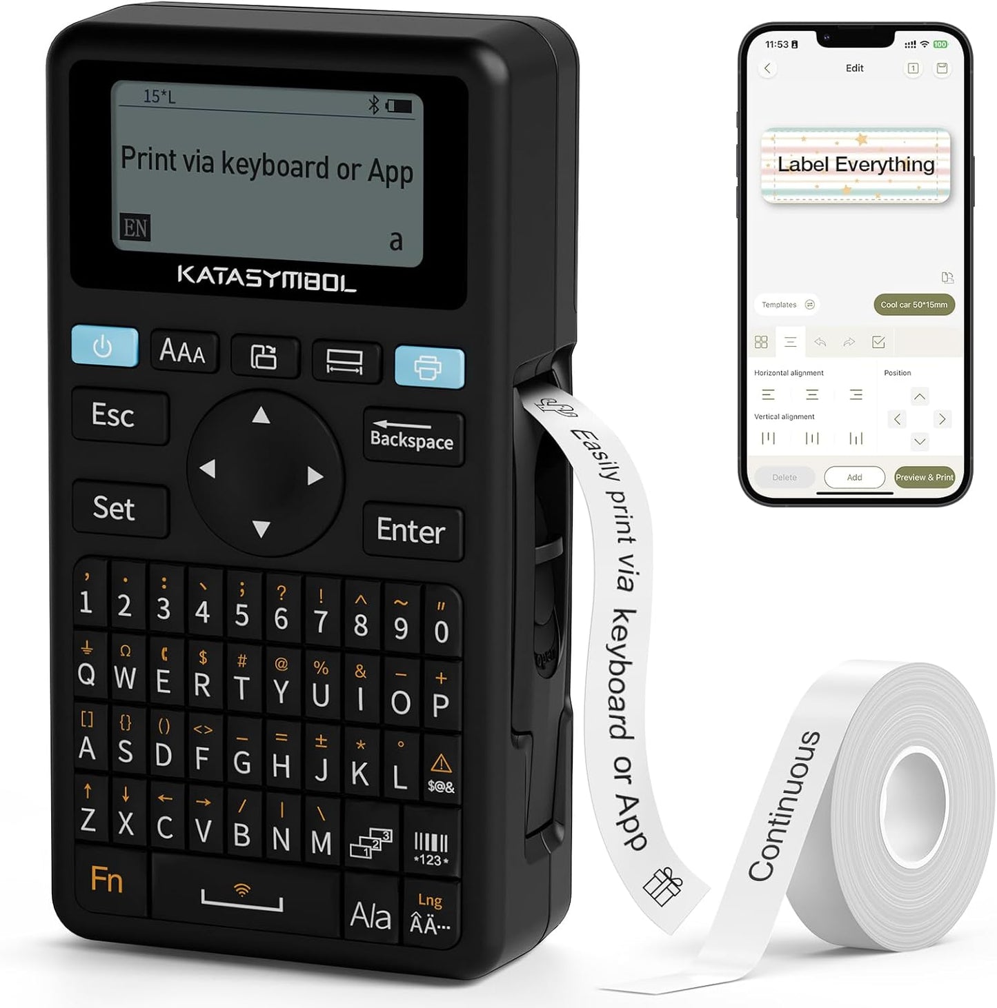 SUPVAN E11 Bluetooth Label Maker Machine with Tape, Support Keyboard & App with 40 Fonts and 450+ Icons, Rechargeable Inkless Labeler for Home, Kitchen, Office, School, Organization, Black