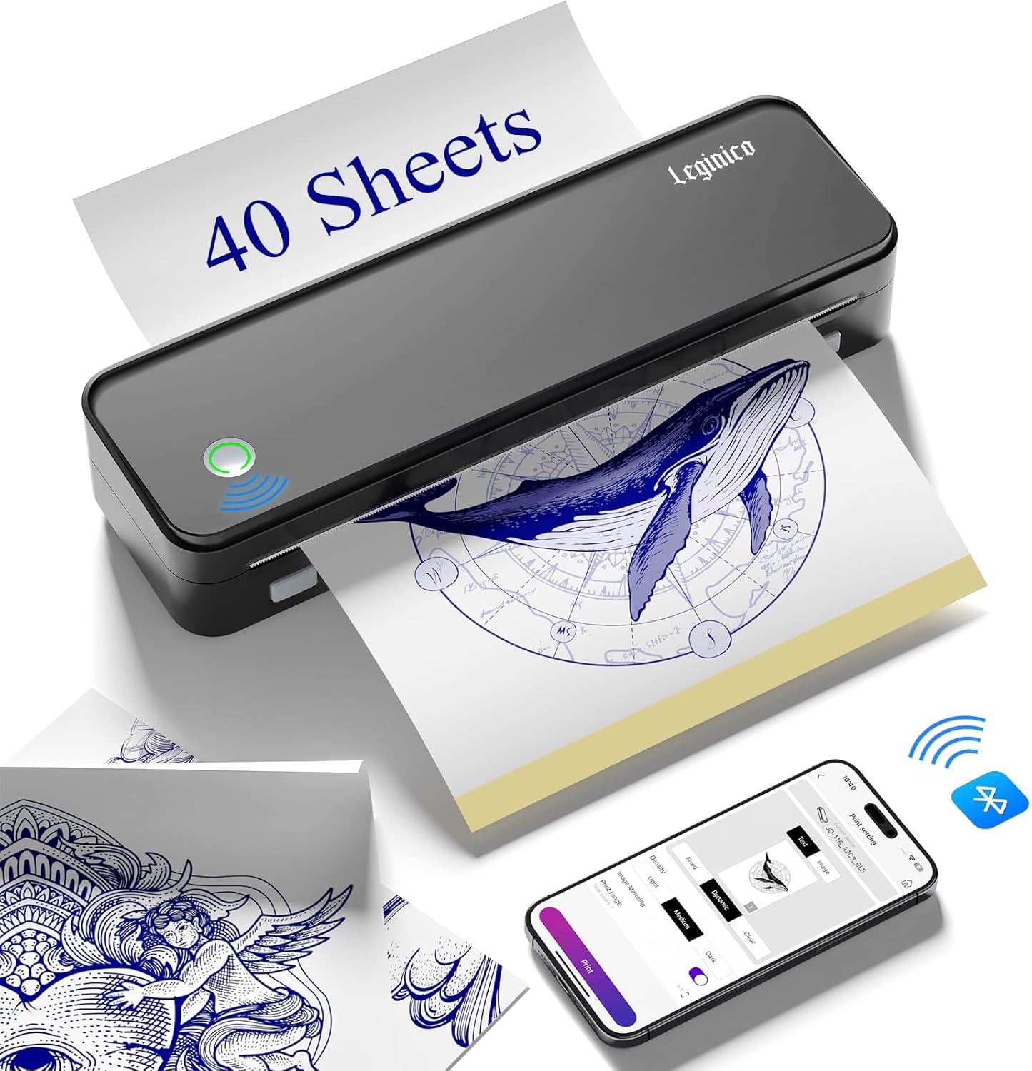 Tattoo Stencil Printer with 40pcs Transfer Paper, Bluetooth Thermal Tattoo Printer Machine for Beginners & Artists, Compatible with Android & iOS, PC