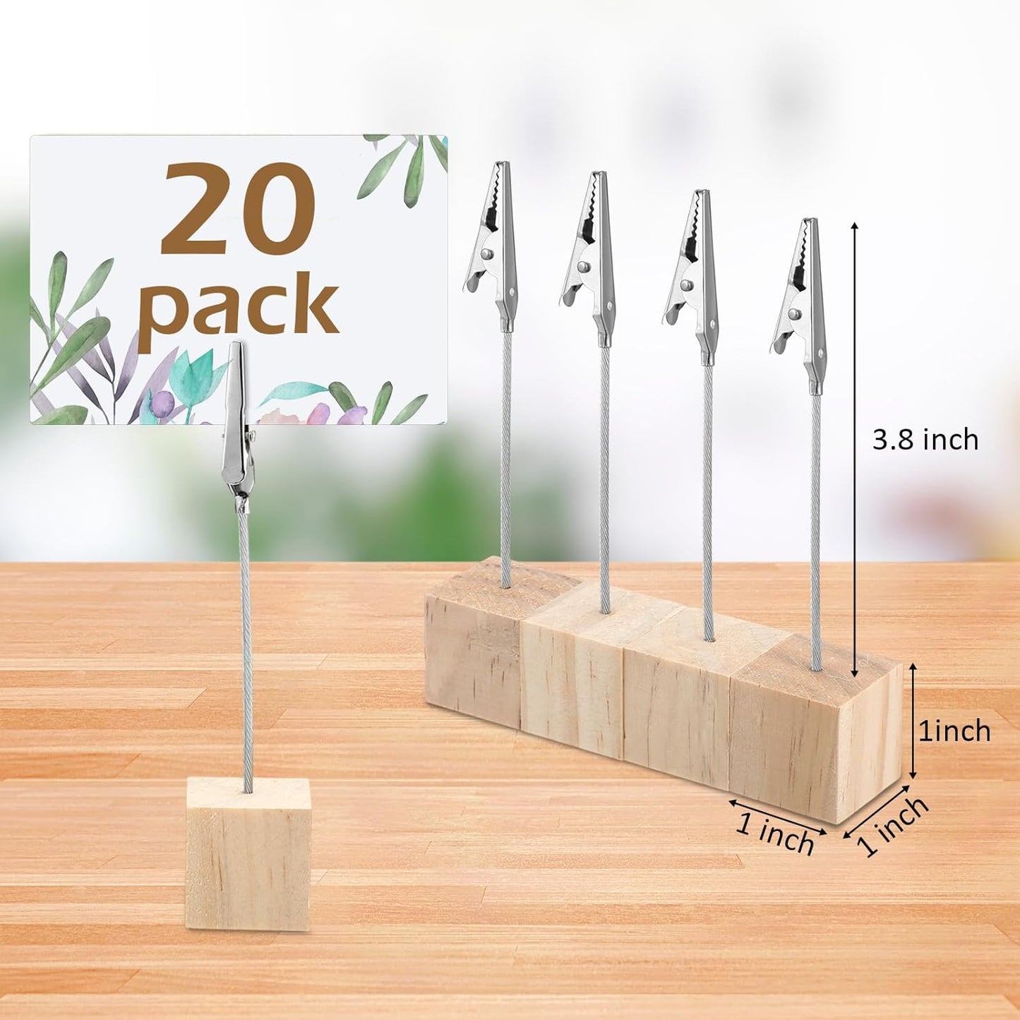 20 Pcs Cube Base Memo Clip Holder with Alligator Clip Wood Table Number Holder Cube Base Place Card Stand Mini Photo Menu Stand for Displaying Number Card (Light Wood Color)