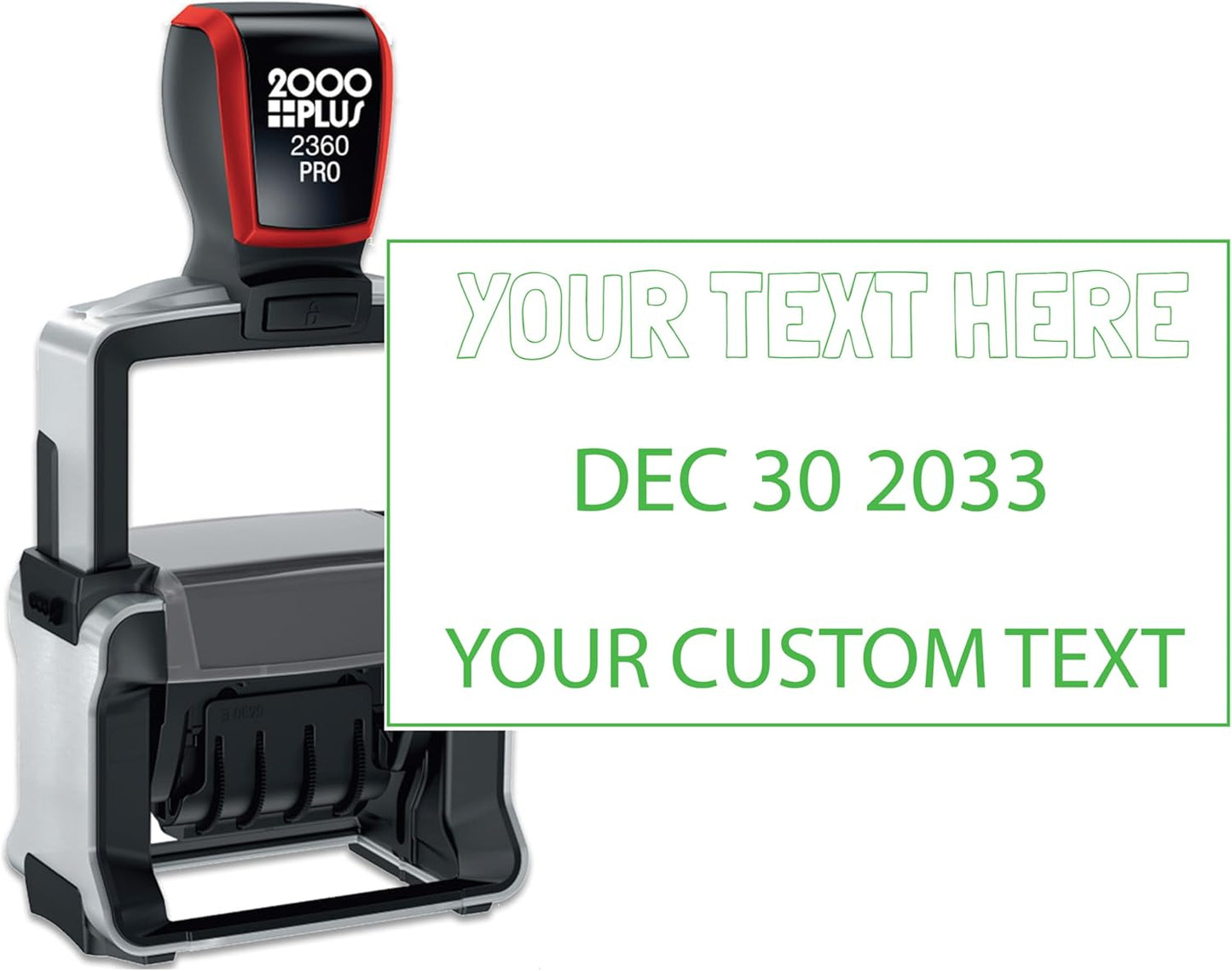 Heavy Duty Date Stamp with 2-Line Custom Text, 2000 Plus 2360 Self Inking Stamp - Choice of Ink Color (Black)