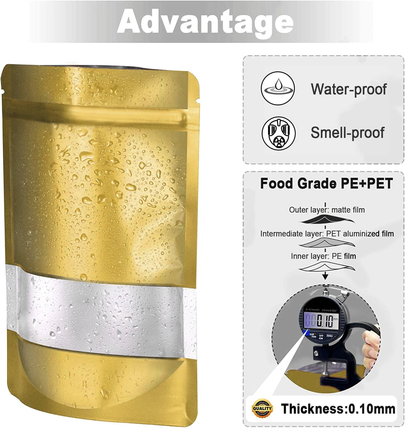 5.5"x7.8" 120pcs Mylar Bags for Food Storage,Smell Proof Bag with Matte Window Resealable Food Storage Bags for Small Business, Stand-up Foil Pouch Packaging Freeze Dried Candy Bag(Gold)