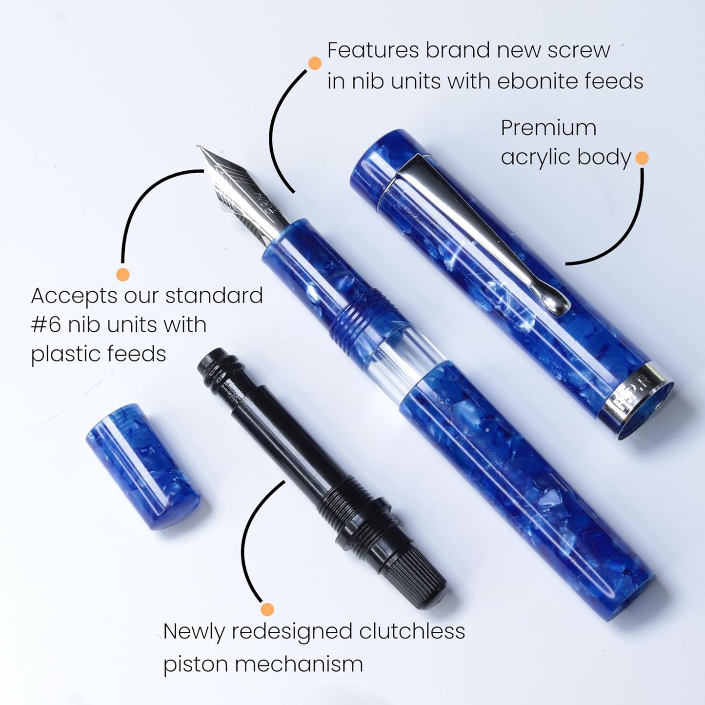 Jaipur V2 Piston Filled Refillable Fountain Pen - Blue Ultra Flex Cursive Pen w/Stainless Steel Nib - Luxury Pens w/Acrylic Body & Ebonite Feed - Fountain Pens for Journaling & Calligraphy