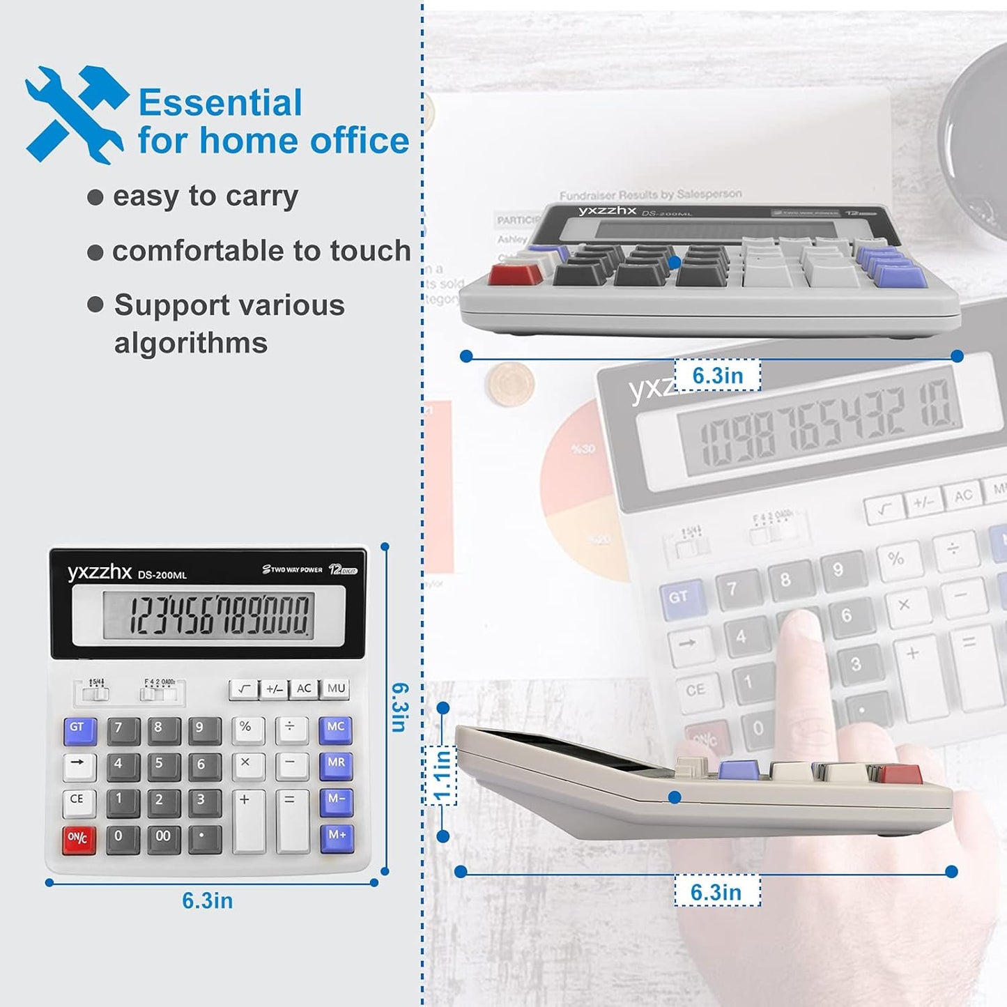 Desk Calculator 12 Digit Extra Large 4.3-Inch LCD Display, Two Way Power Battery and Solar Calculators Desktop, Big Buttons Easy to Press Used as Office Calculators for Desk White
