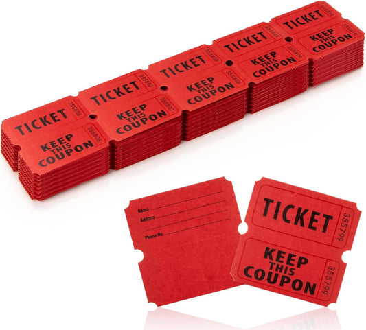 200PCS Double Roll Raffle Tickets - 50/50 Writable Raffle Tickets Perforated Line Consecutive Numbers Tearable Suitable for Raffles, Events, Carnivals, Entry, Party, Lottery, Prizes, Red
