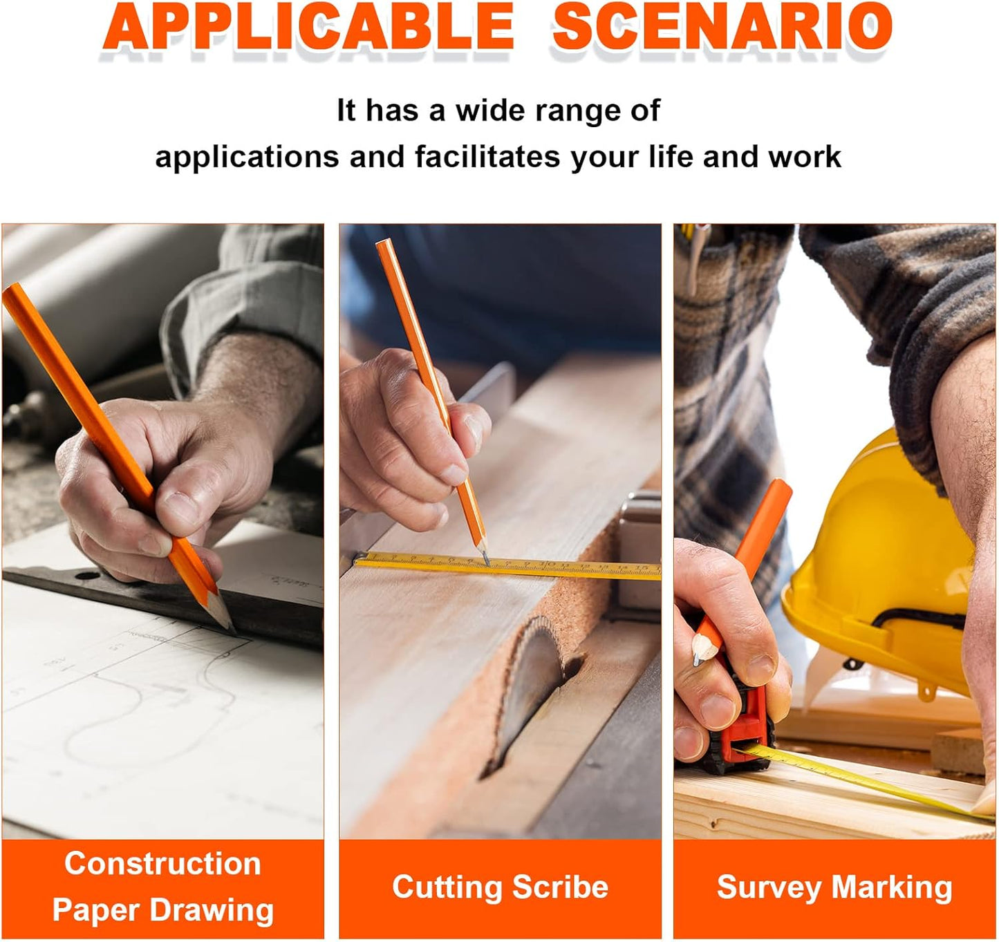 Honoson 200 Pcs Flat Construction Pencils with Printed Ruler Wood Graphite 2 Pcs Carpenter Pencil Sharpener for Woodworking Marking Tool(Orange)