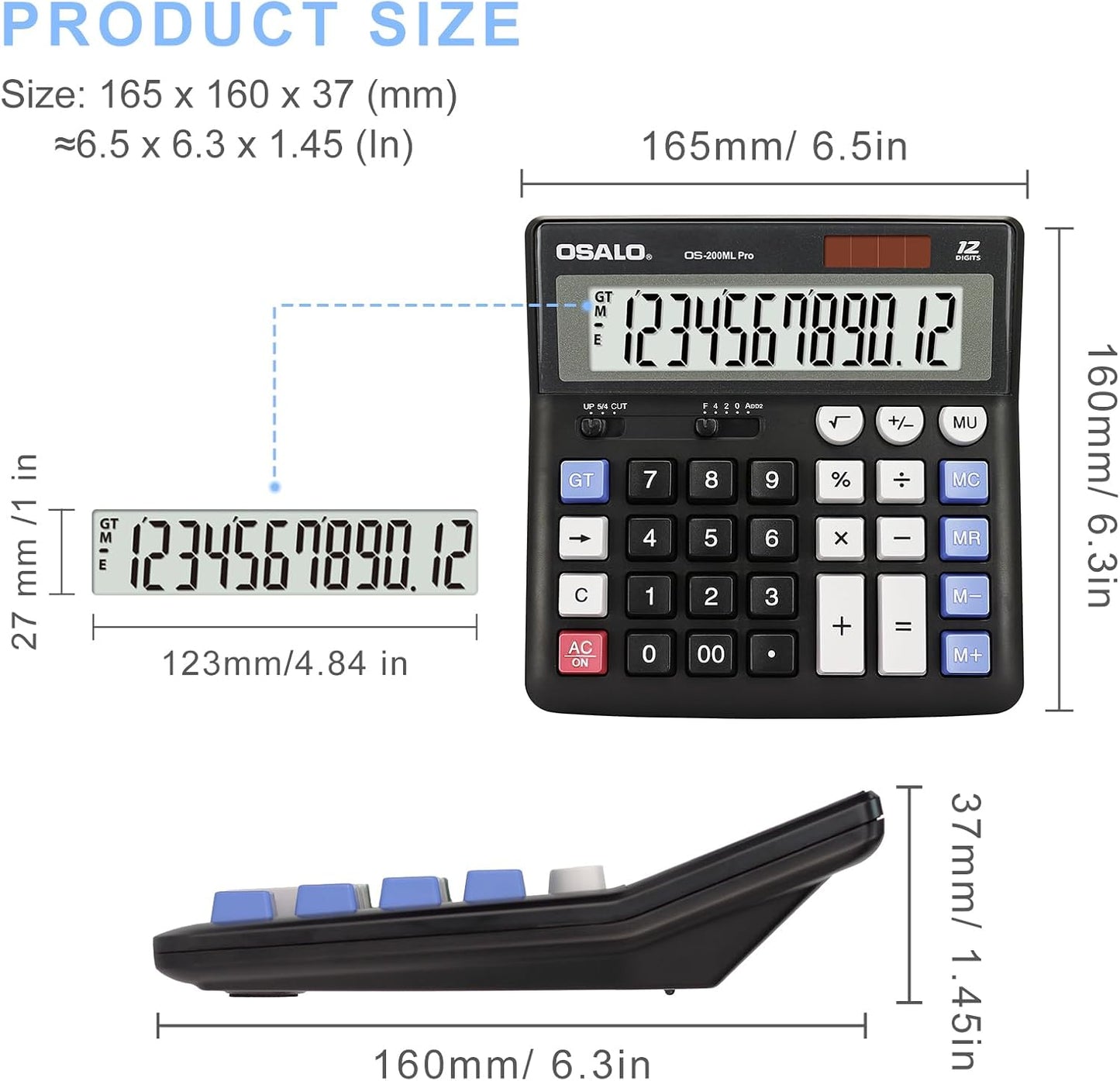 OSALO Desktop Calculator Extra Large Display 12 Digits Big Buttons Solar Accounting Calculator for Office Black (OS-200ML)