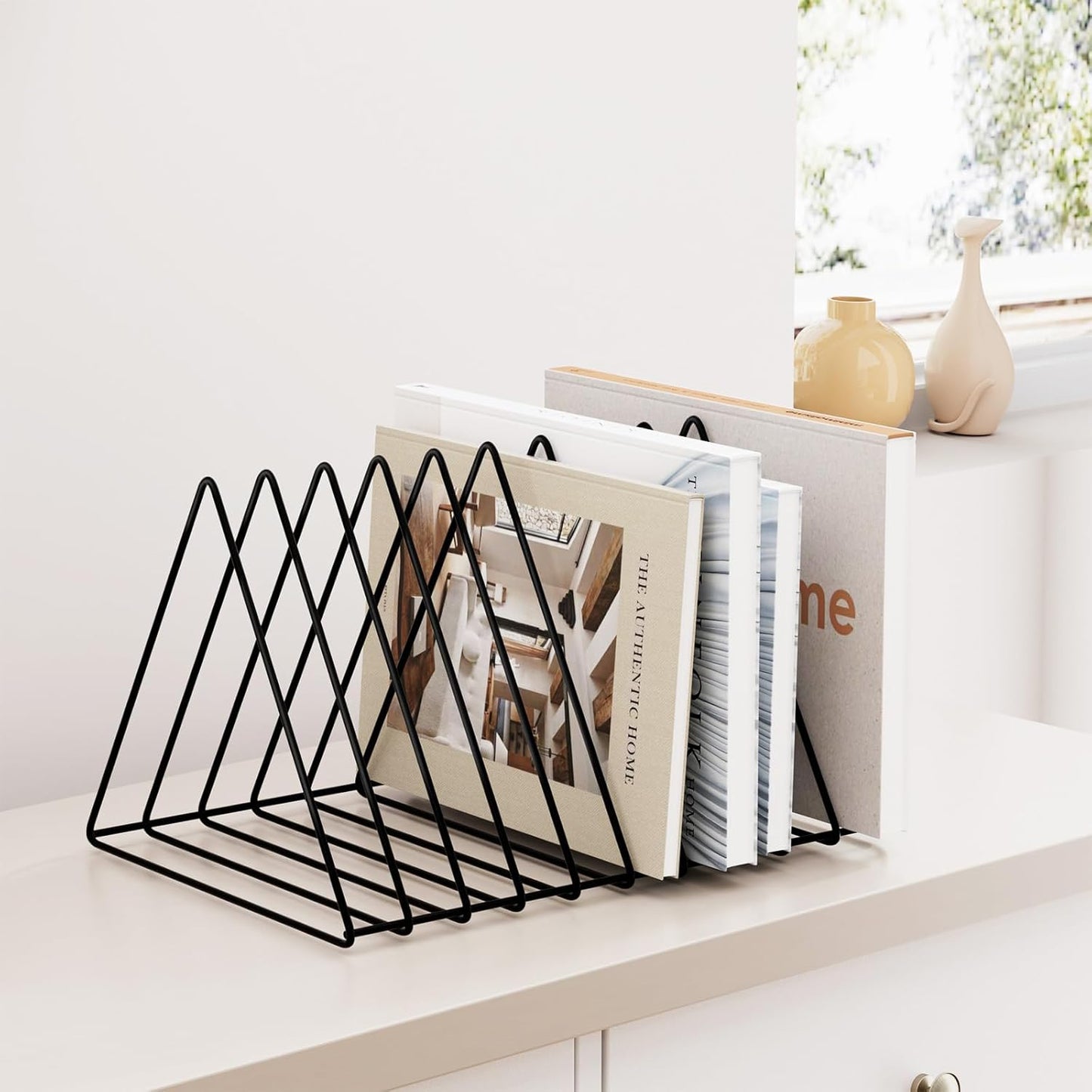 Urban Deco Triangle Desk Organizer - Metal Wire Magazine Holder, 10 Sections, Decorative File Folder Organizer, Vinyl Record Storage, Office File Holder - Black
