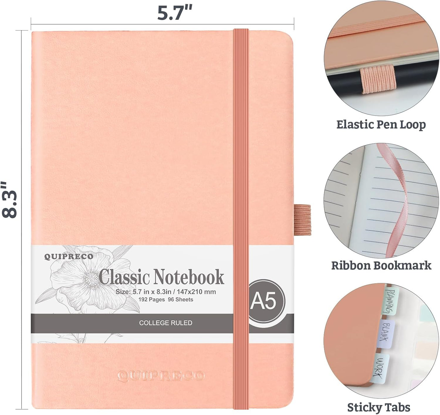 2Pack Lined Hardcover Journal Notebook, A5 192 Pages 100Gsm Thick Paper College Ruled for School,Note Taking,Work,Diary，5.7"*8.3",Blush