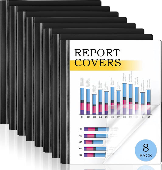 8 Pack Report Covers, COIDEA Report Covers with 3-Prong Fasteners, Presentation Folders for A4 and Letter Size Paper, Clear Front Report Covers Binder Bulk for School Business, 100 Sheet Capacity