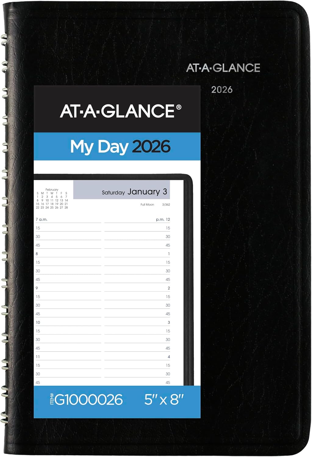 AT-A-GLANCE 2026 Appointment Book Planner, Daily, 5" x 8", Small, Quarter-Hourly, DayMinder, Black (G1000026)