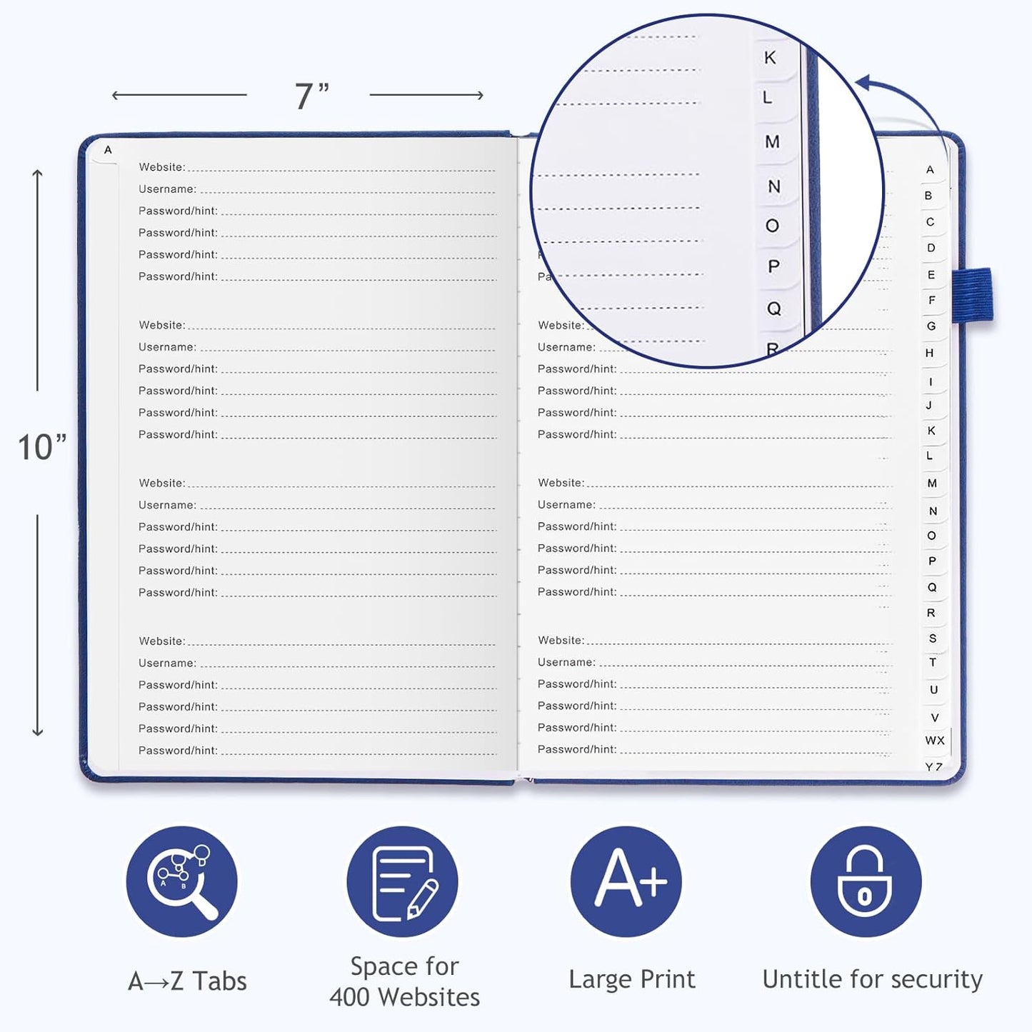 JUBTIC Password Book with Individual Alphabetical Tabs, 7"x10" Internet Password Keeper Book for Seniors, Password Notebook and Organizer/Notes Section, Navy Blue