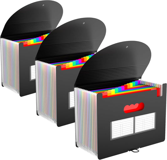 3 Pack Expanding File Folder with Blank Label, 12 Pocket Accordian File Organizer Document Storage Organizer, Desktop Accordion Folders File Keeper A4 Letter Size for Home School Office