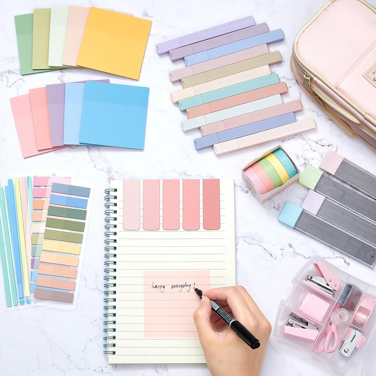 60 Pcs Aesthetic Book Annotation Kit School Supplies Cute Pencil Case with Highlighter Gel Pen Mechanical Pencil Magnetic Bookmarks Transparent Sticky Note Tabs Student Stationary(Pink)