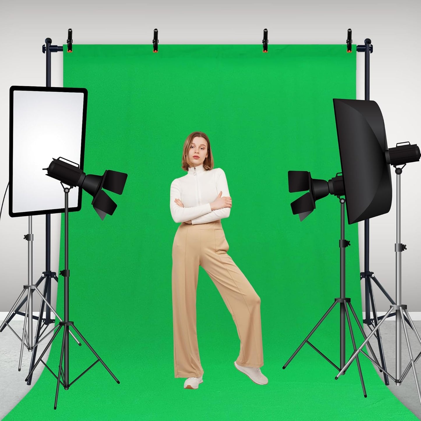 2-in-1 Green Backdrop Stand Kit - 8.5x12 ft Green Backdrop with 10x8.5ft Portable Photography Stand for Video Streaming,Zoom Meetings,Parties,Anti-Wrinkle Polyester Fabric