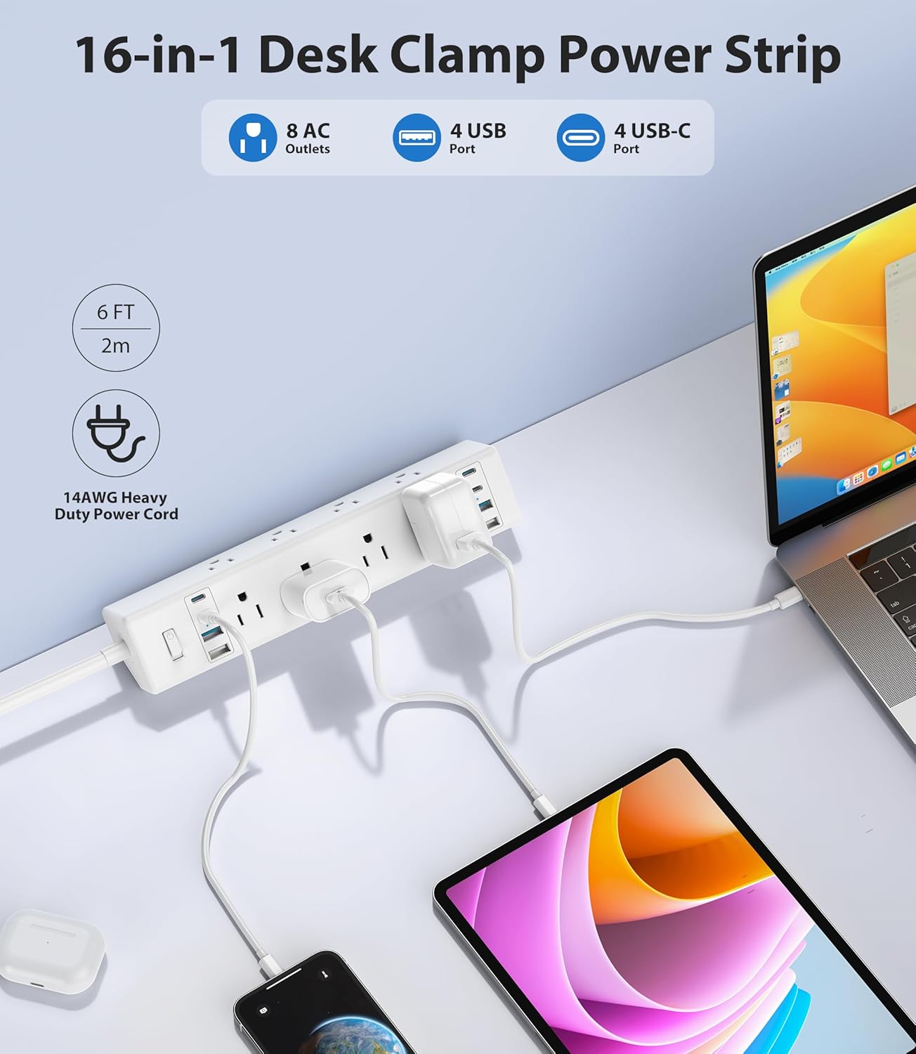 40W Fast Charging Station,Desk Clamp Power Strip 20W USB C,8 Outlets,8 USB Ports,4 USB C 4 USB A,Nightstand Edge Mount Surge Protector, 14AWG Cord, Fits 1.9" Tabletop Edge for Office,Home Furniture