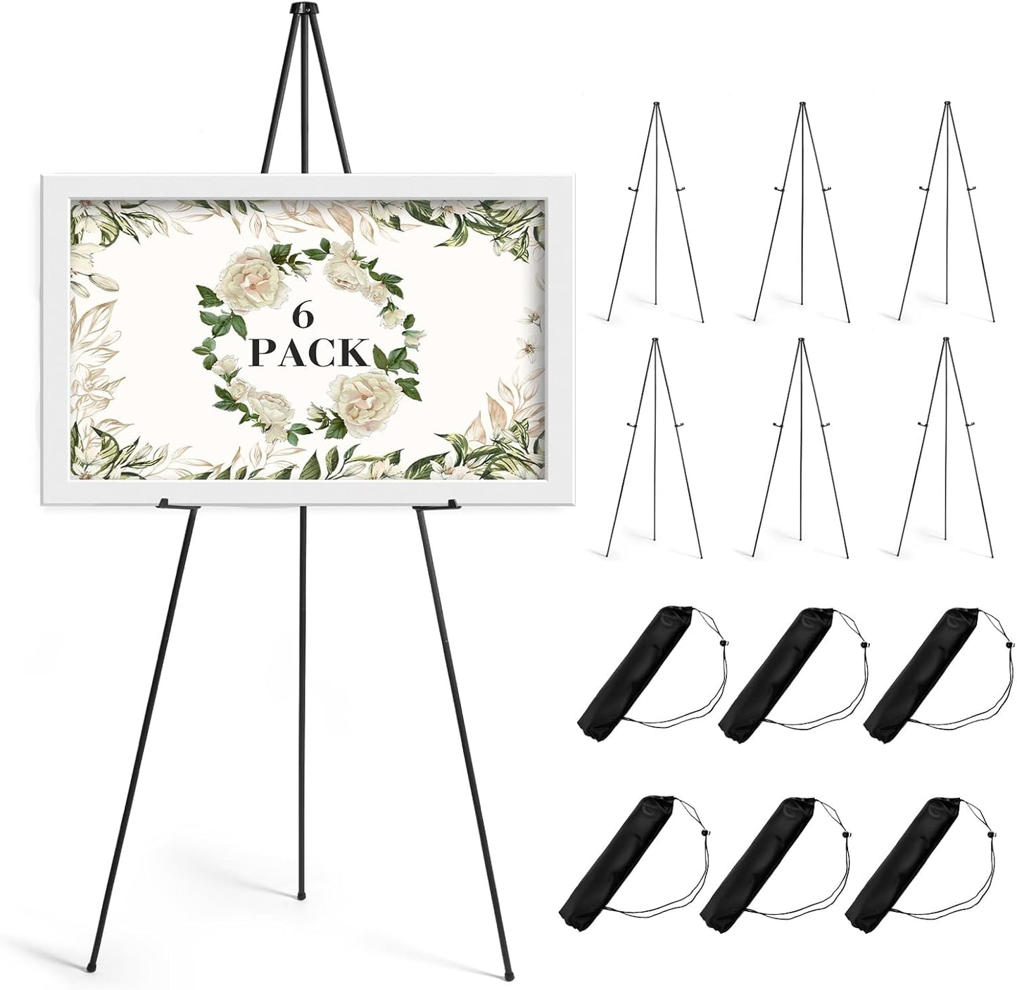 AZEAM 6 Pack 63" Easel Stand for Sign, Portable Easel for Painting, Foldable Black Metal Easel Display Stand Poster Holder Adjustable Sign Stand for Display Wedding Arts Poster