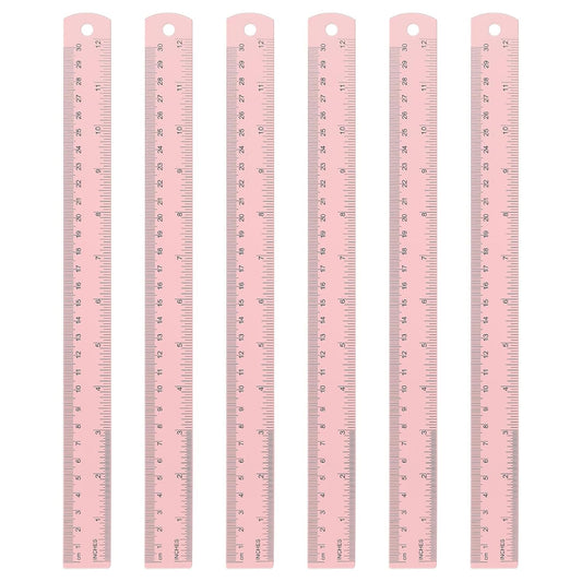 HARFINGTON 6pcs Metal Straight Ruler 30cm Metric SAE Aluminum Alloy Measuring Rulers Scale Tool with Hole for Measure Study Reading Classroom Office, Pink