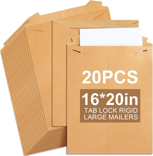 20 Pack 16x20 in Tab Lock Rigid Mailers Extra Large Sturdy Keep Flat Mailers Cardboard Envelopes Kraft Paper 250 Gsm for Shipping Photos, Packing Documents, Gift Cards, Cds, Art Prints