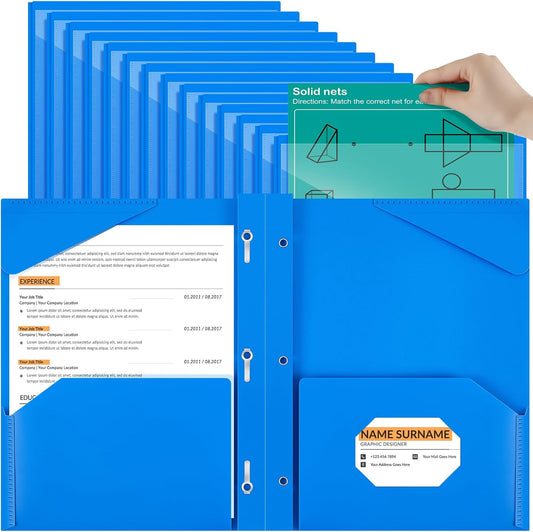 Henoyso 36 Pcs Plastic Folder with Clear Front Pocket and 3 Prong Plastic Folders with Card Slot Pocket Folders with Prongs for School Office (Blue)