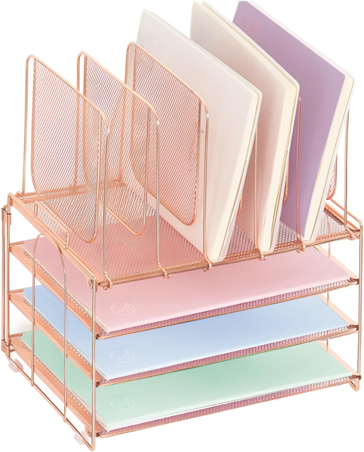 Desk Organizers and Accessories, 3-Tier Paper Organizer with 5 Vertical File Holders, File Organizer for Desk (Rose Gold, 3T)