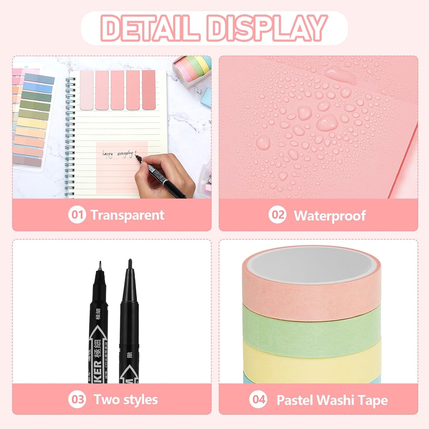60 Pcs Aesthetic Book Annotation Kit School Supplies Cute Pencil Case with Highlighter Gel Pen Mechanical Pencil Magnetic Bookmarks Transparent Sticky Note Tabs Student Stationary(Pink)