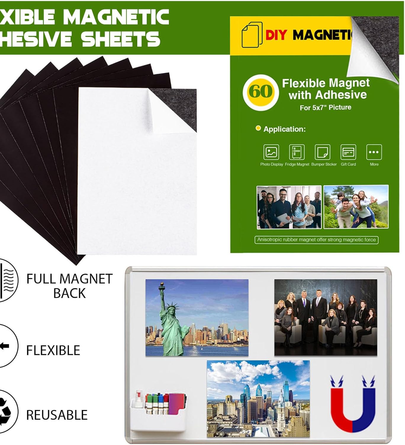 Adhesive Magnet Sheets for 5x7 Pictures(Pack of 60),Magnetic Adhesive Sheets,Photo Magnets for Home/Classroom/Fridge