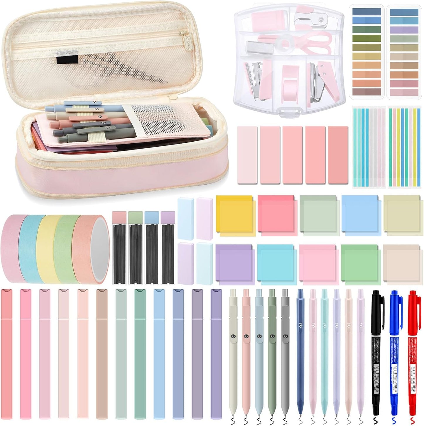 60 Pcs Aesthetic Book Annotation Kit School Supplies Cute Pencil Case with Highlighter Gel Pen Mechanical Pencil Magnetic Bookmarks Transparent Sticky Note Tabs Student Stationary(Pink)