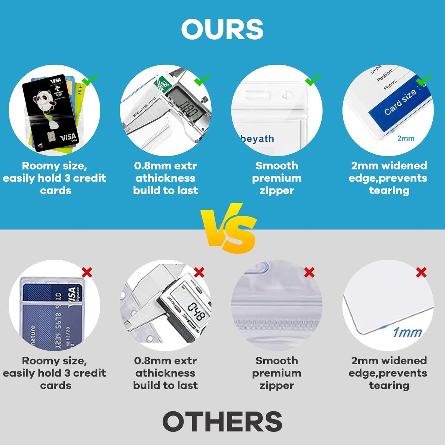 200 Pack Extra Thick ID Badge Holder Vertical Clear ID Card Holder with Waterproof Resealable Zip Name Tag Holder for Nurses, School and Office（ 2.25x3.5Inch）