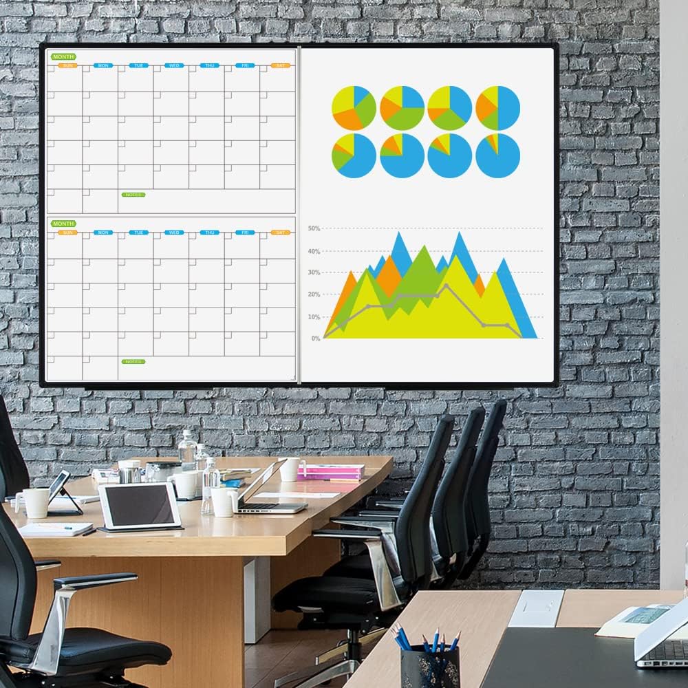 JILoffice Magnetic Foldable Dry Erase Calendar Whiteboard Combo, 2 Month Calendar Board & White Board 60 X 40 Inch, Black Aluminum Frame Wall Mounted Board for Office Home and School