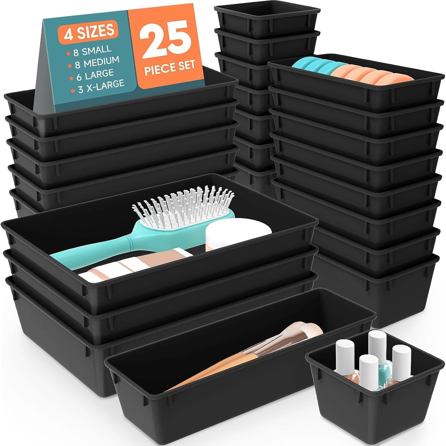 25 PCS Plastic Drawer Organizer Set, 4-Size Versatile Organizer Trays & storage Bins for Makeup, Jewelry, and Gadgets in Bathroom, Bedroom and Office, Black