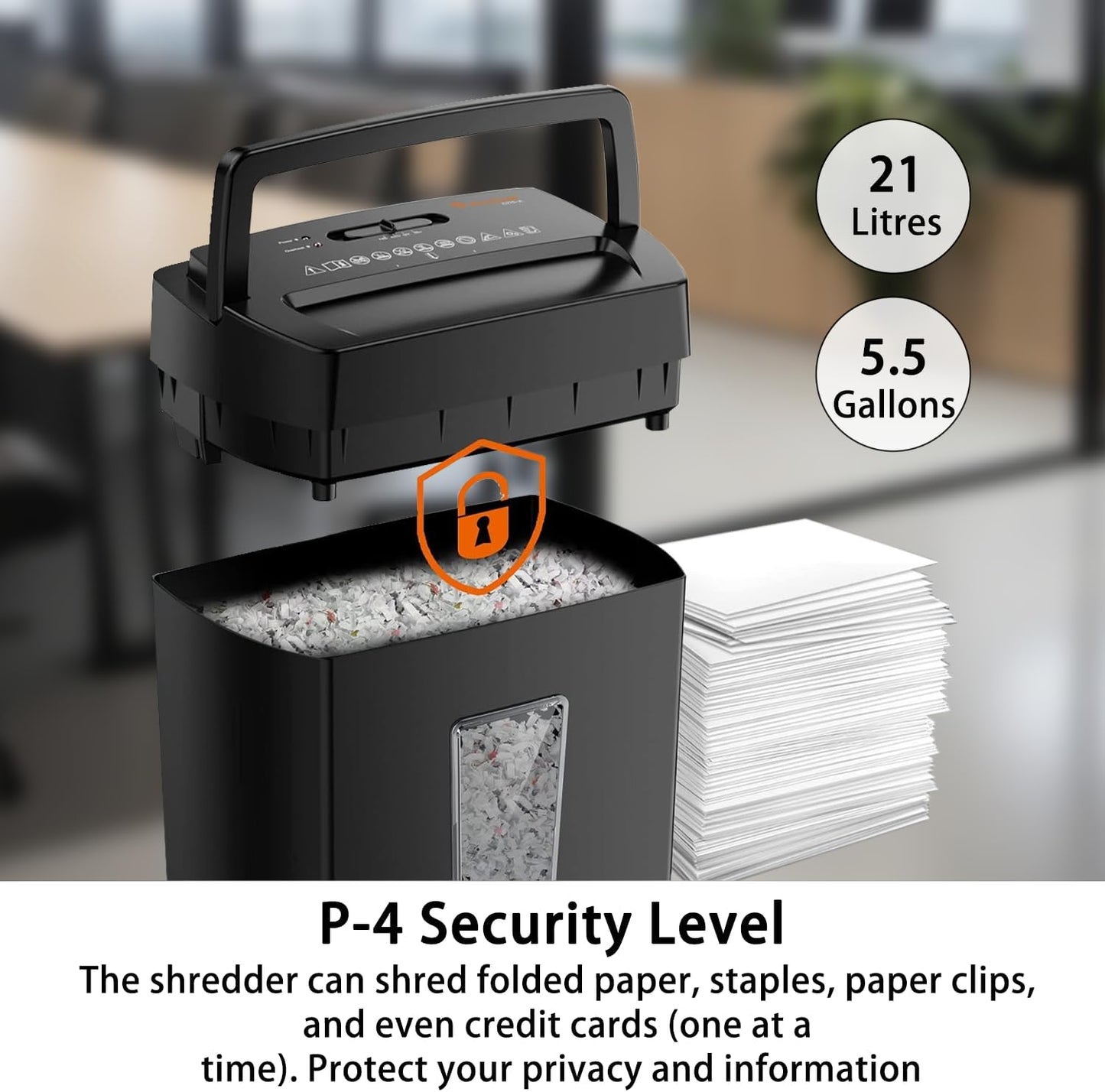 Bonsaii 12-Sheet Cross Cut Paper Shredder, P-4 High Security, Shreds Paper, Credit Cards, Staples, Clips, CDs, 5.5 Gal Home Office Heavy Duty Shredder with Transparent Window, Black