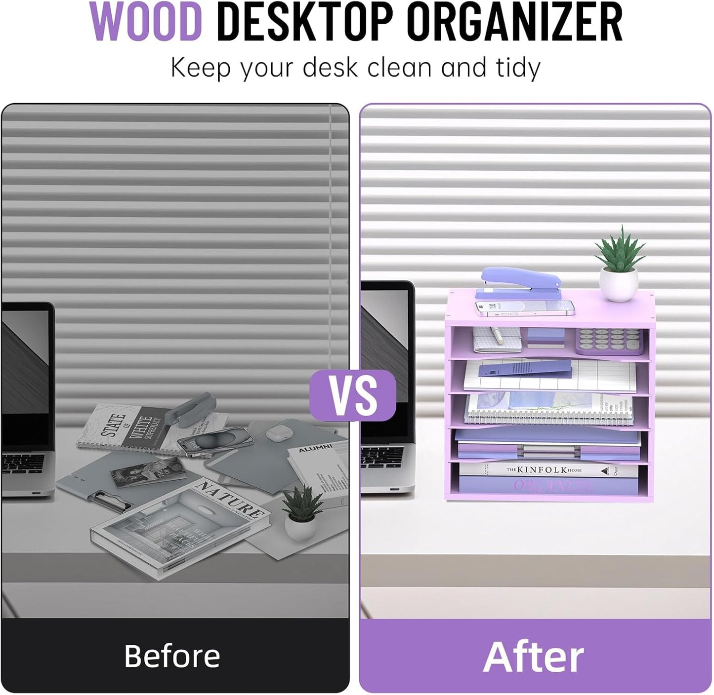 5-Tier Wood Desk Organizer, Paper Tray Organizer for Desk with Adjustable Storage Shelves, Desktop Paper Sorter Mail Holder for Office Home Classroom, Purple