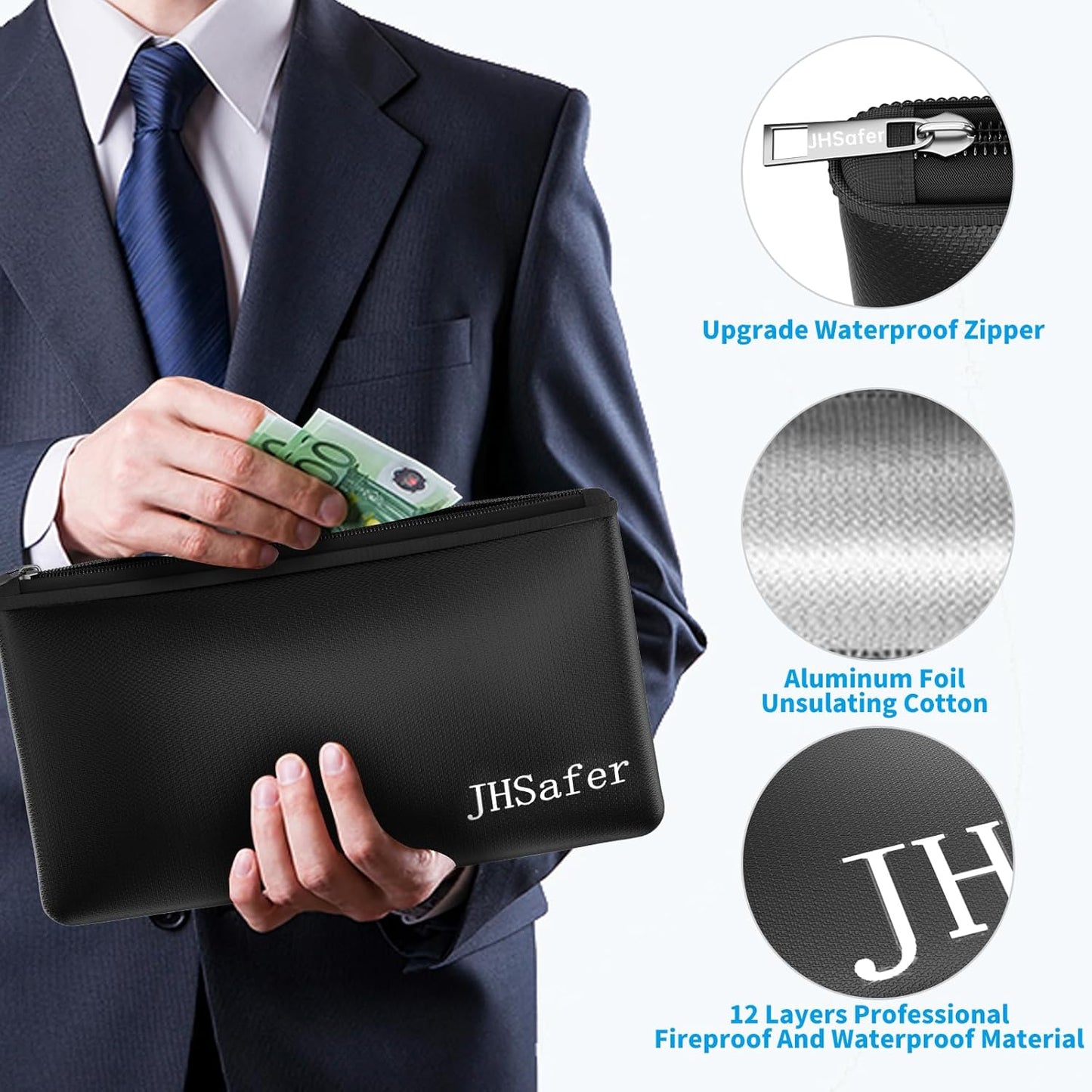 6400℉ Fireproof and Waterproof Money Bags 2pcs with Zipper,11''x6.3'' Fireproof Cash Bag with Zipper,Fireproof Wallet Envelope Safe Pouch Fireproof Bags for Cash Passports Keys Jewellery(Black)