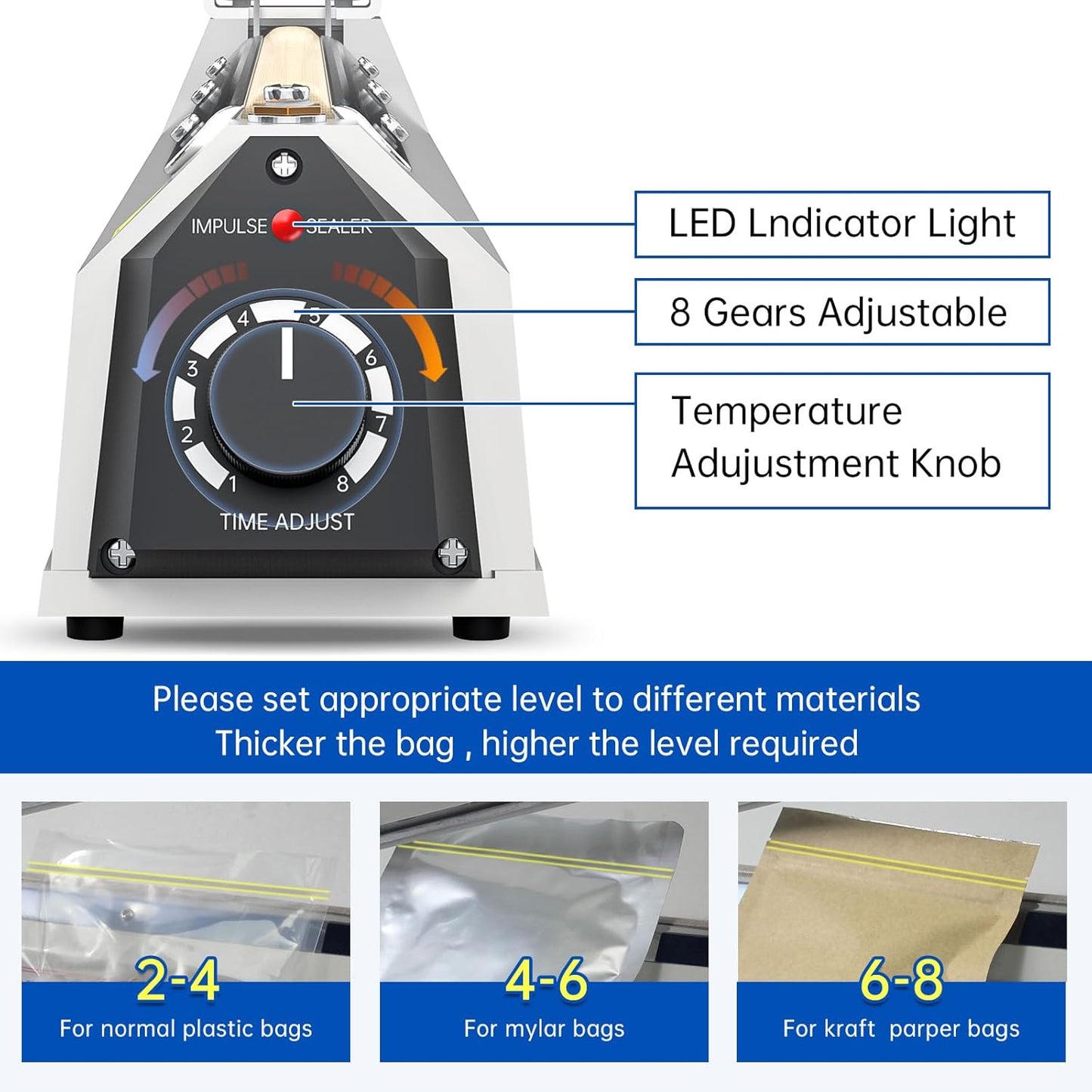 Impulse Heat Sealer with Seal bar, Heavy-Duty Bag Sealing & Cutting Machine, 2 Extra Replacements（Orange, 8inch）