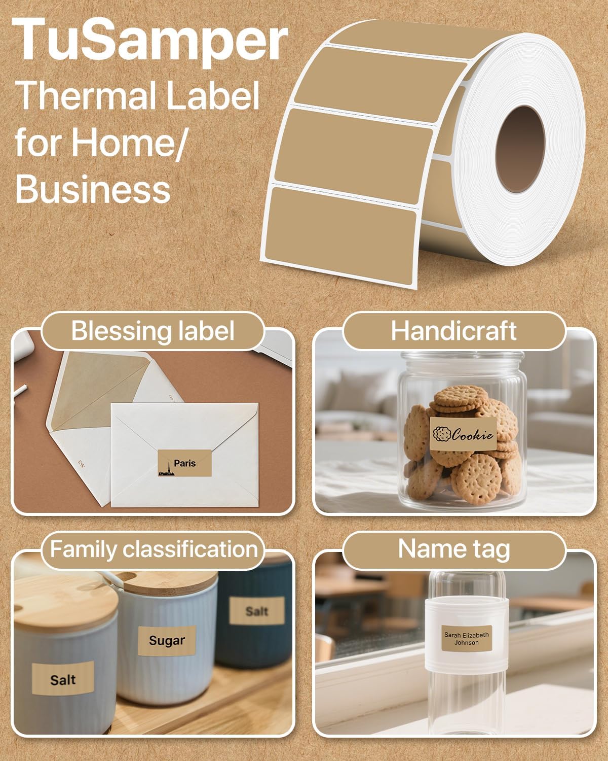 2×1 Inch Thermal Labels Sticker Self-Adhesive Label Paper Brown Direct Thermal Printer Stickers with Perforation Line 1000 Sheets/Roll