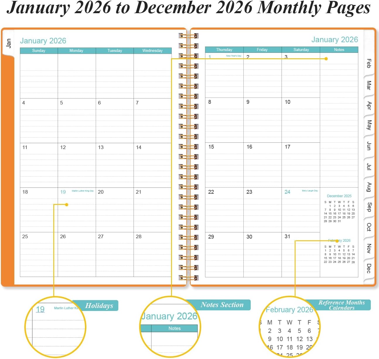 2026 Planner - Planner 2026 from January 2026 - December 2026, Weekly & Monthly Planner Spiral Bound with 12 Monthly Tabs, Inner Pocket, 6.4" x 8.5", Orange-E