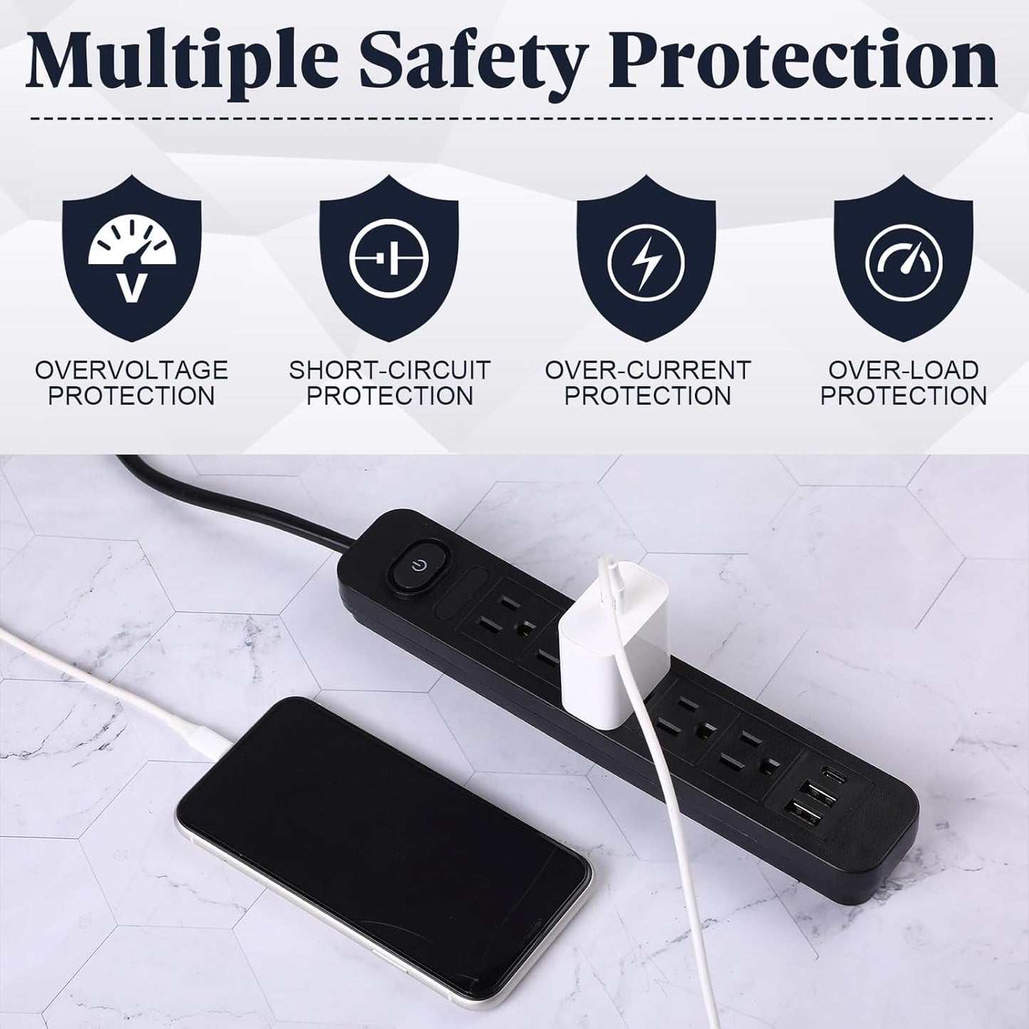 Kanayu 6 Pieces Power Strip Surge Protector with 5 Ac Outlets and 3 USB Ports, Heavy Duty Extension Cords Plug for Home Office Dorm(4.92 ft,Black)