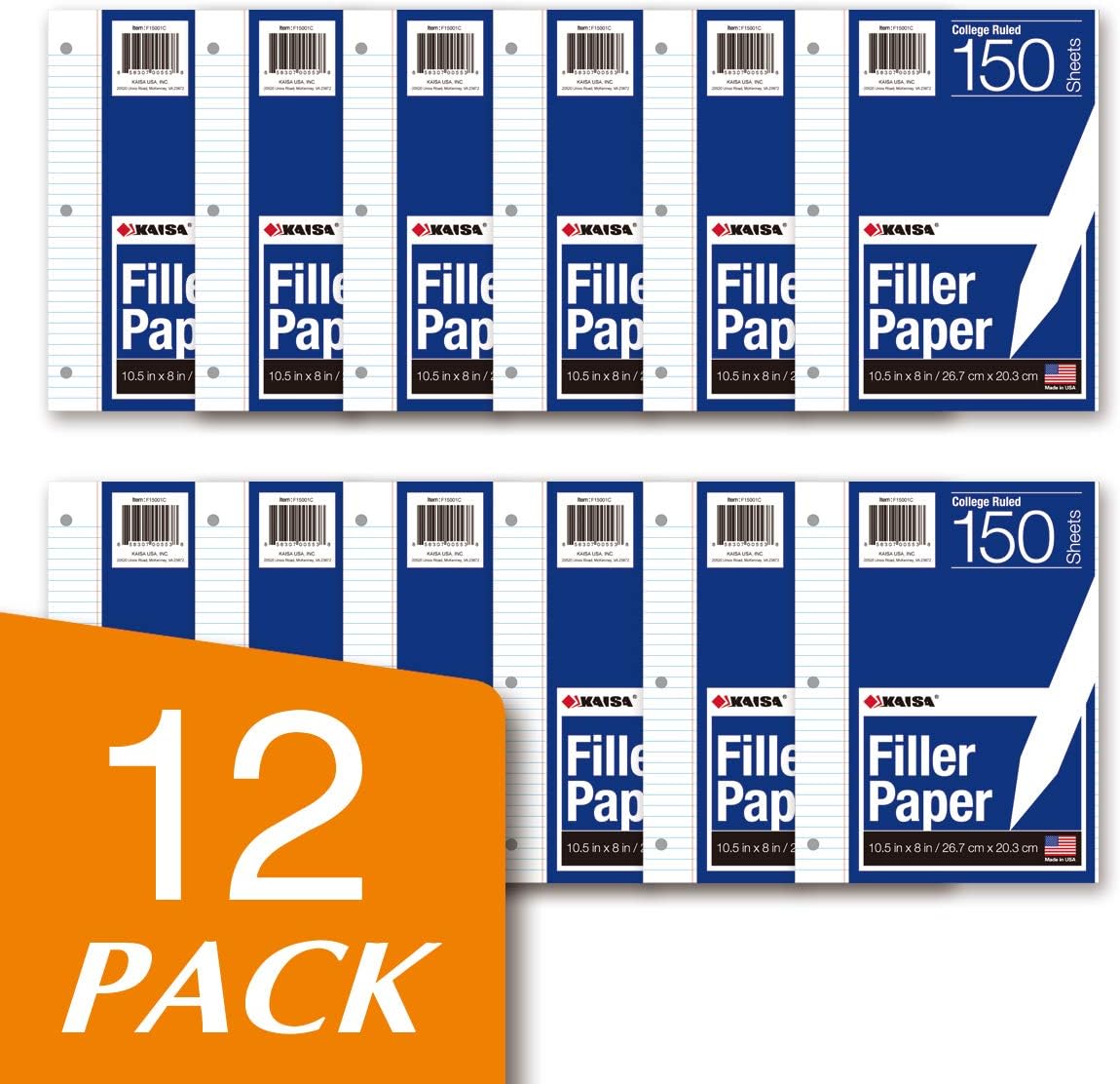 Kaisa Filler Paper Notebook Paper College Ruled 8"x10.5" Loose Leaf Paper for 3-Ring Binders 150 Sheet/pack,12pack (Total 1800 Sheets)