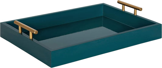 Kate and Laurel Lipton Mid Century Modern Decorative Wood Tray with Brushed Gold Metal Handles, Dark Teal