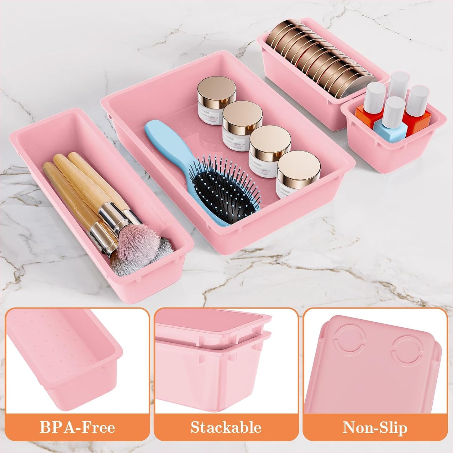 25 PCS Plastic Drawer Organizer Set, 4-Size Versatile Organizer Trays & storage Bins for Makeup, Jewelry, and Gadgets in Bathroom, Bedroom and Office, Pink