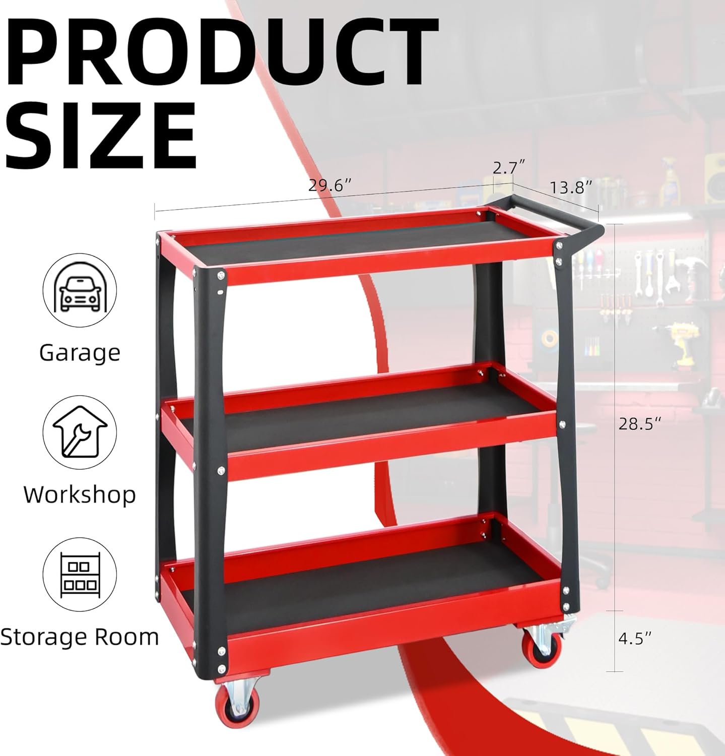 3 Tier Tool Cart with Wheels, Heavy-Duty Steel Utility Rolling Cart, 660 lbs Loading Capacity for Workshop, Garage, Warehouse, Repair Shop