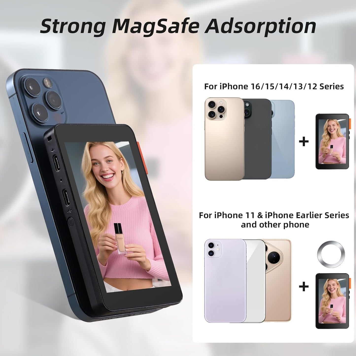 koolertron Magnetic Vlog Selfie Monitor with Speaker - No Delay Screen for iPhon/Android,for TikTok Live Streaming & YouTube, Portable Flip Camera Monitor, Compatible with Most Smartphones