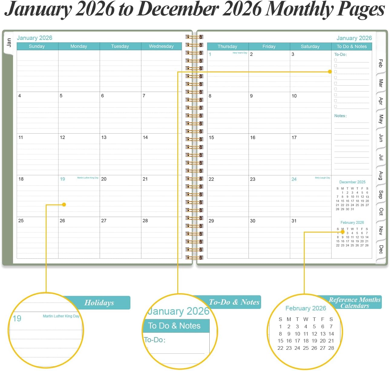 2026 Daily & Monthly Planner - One Page Per Day, Daily Planner from January 2026 - December 2026, Planner 2026 with 12 Monthly Tabs, 8.5" x 11", Green