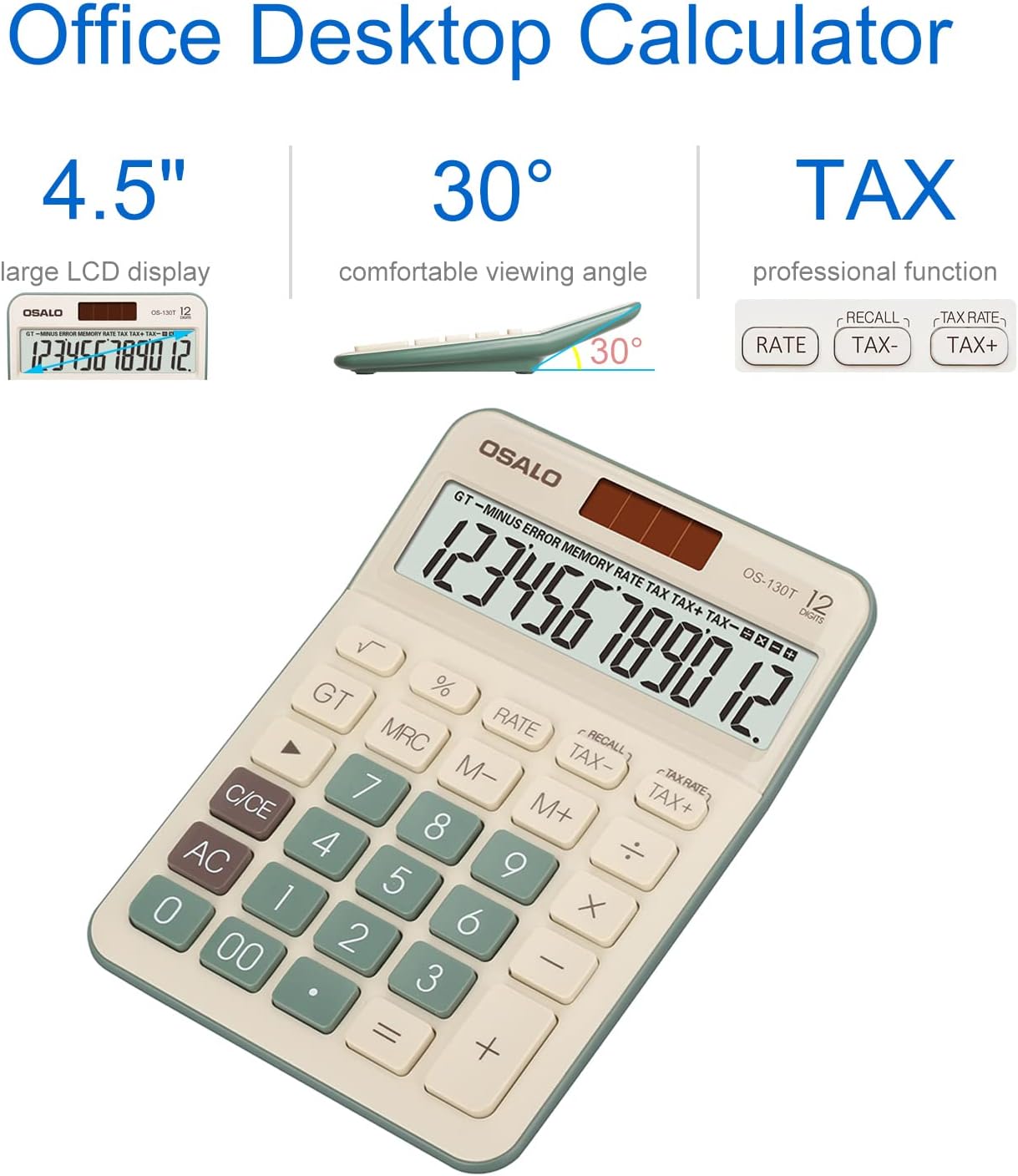 Desktop Calculator Large LCD Display 12 Digit Number Big Button Tax Financial Accounting Calculator, Battery and Solar Powered, for Desk Office Home Business Use(OS-130T Green)