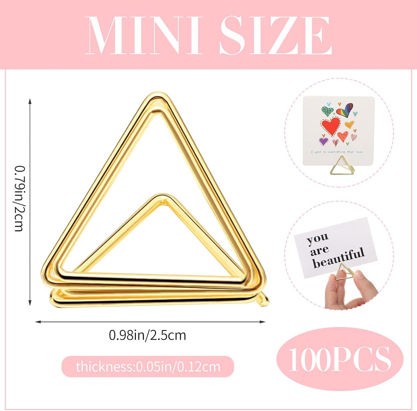 100 Pcs Place Card Holder Triangle Shape Table Number Holder Wedding Table Card Holders Mini Name Card Holder Place Setting Holder Picture Clips Stand for Centerpiece Anniversary Party(Gold)