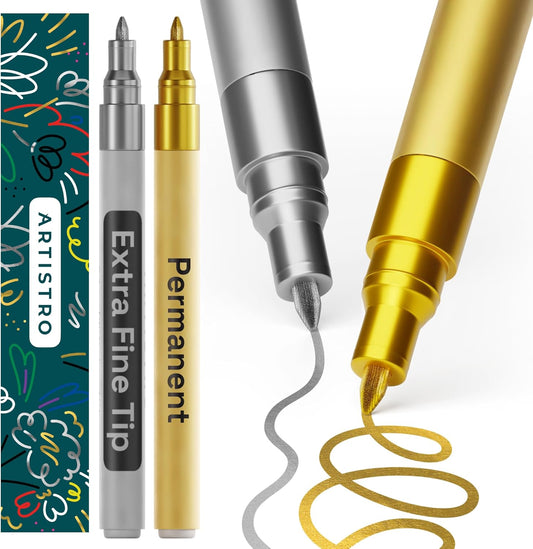 ARTISTRO 2 Gold & Silver Permanent Marker - Waterproof Markers for Tire, Fabric, Rocks, Glass, Ceramic, Wood, Paper - Oil Based Paint Pens - Extra-Fine Tip 0.7mm